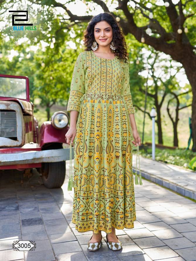 Inaya Vol 3 By Blue Hills Rayon Foil Printed Long Kurti Wholesale Shop in Surat
